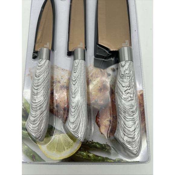 Sharper Image Rose Gold Finish Knife Set 3 Knives Sheaths Pairing Utility Chef - Picture 3 of 7